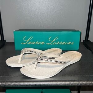 Lauren Lorraine GIGI Crystal Embellished White Flip Flops Size 6